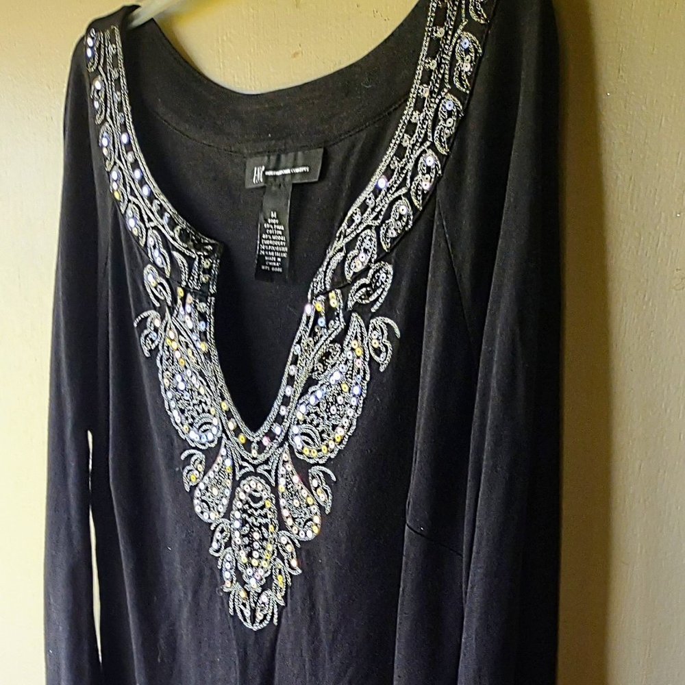 Inc Mandela Black Sequin Silver Thread Long Sleeve Tunic Top - Size Medium